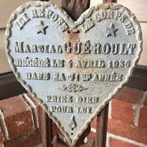Antique French Memorial Heart Plaque 1936 Grave Marker Martial Gueroult 8x6"
